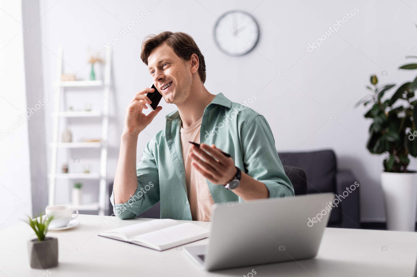 depositphotos 392218710 stock photo selective focus smiling teleworker talking